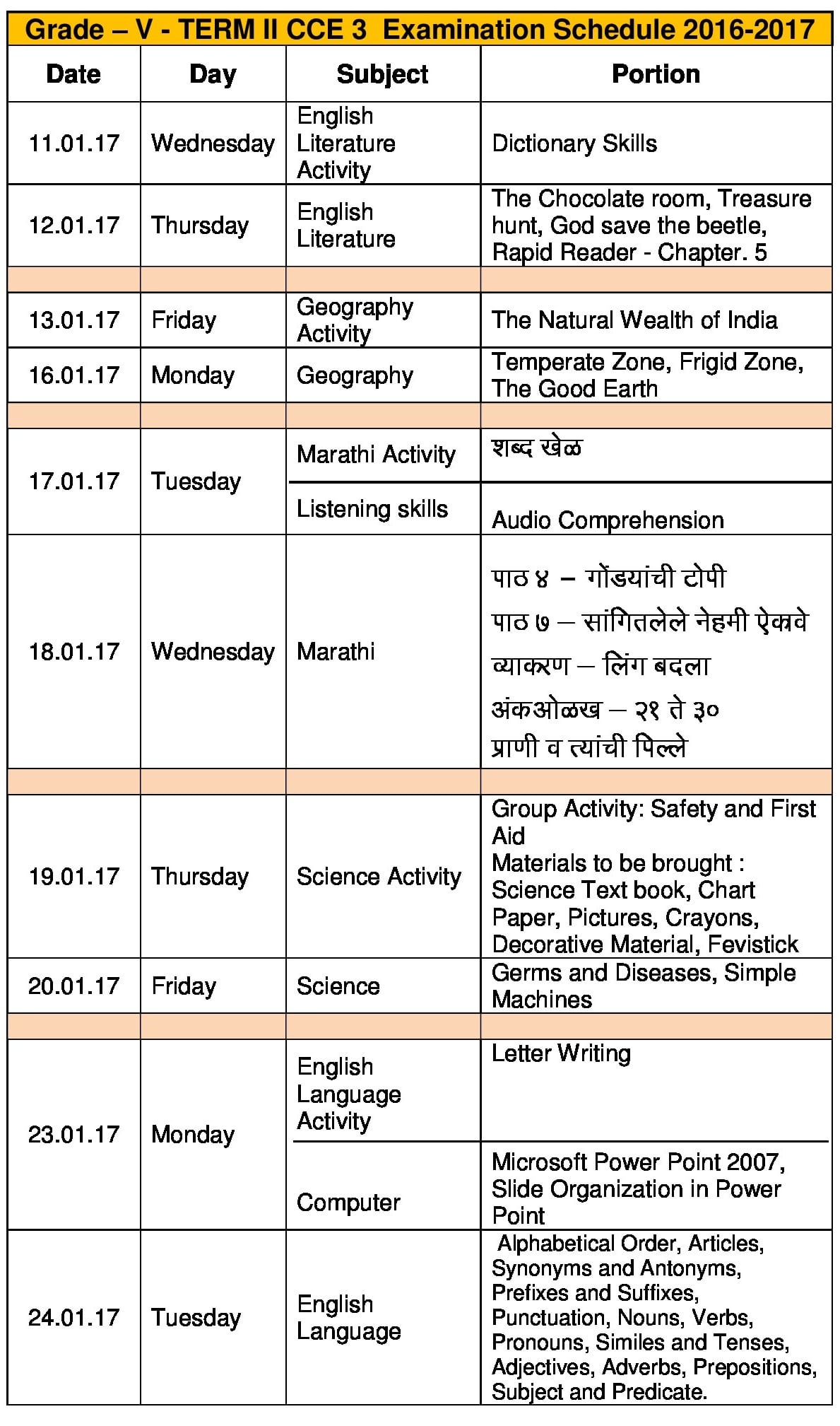 Term II CCE 3 Schedule
