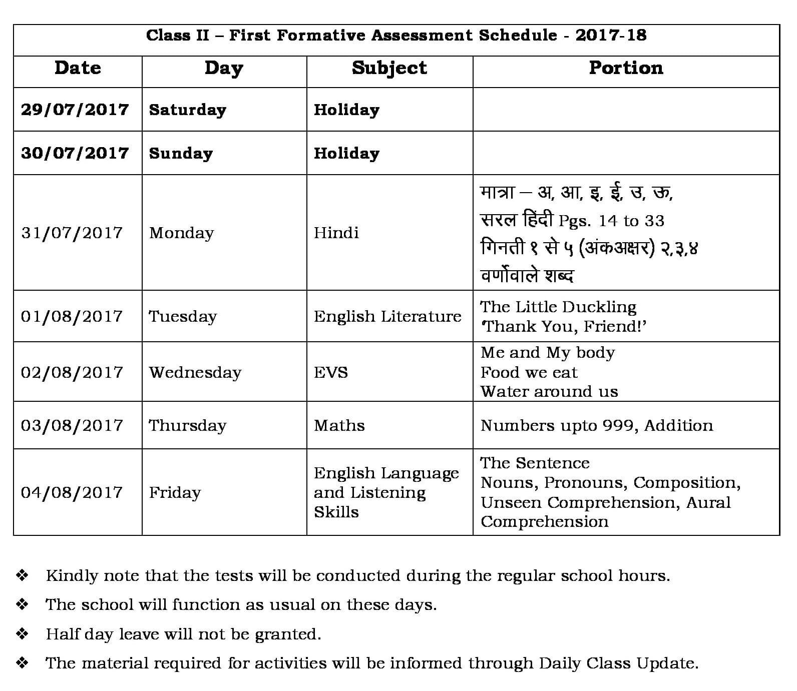 FA1 Portion and Schedule- 2017-18