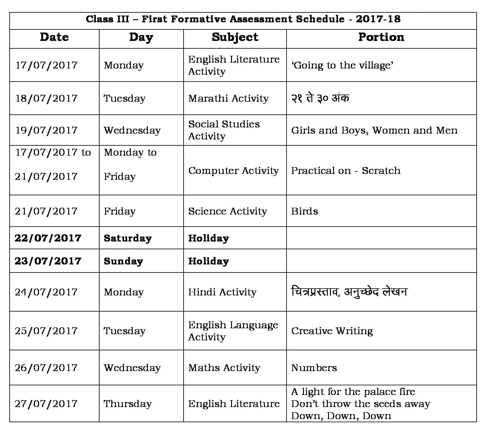 FA1 Portion and Schedule- 2017-18
